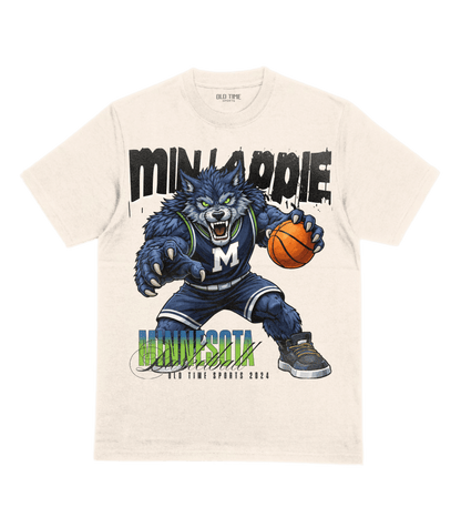 White t-shirt with a graphic of a blue wolf holding a basketball and text on a green background
