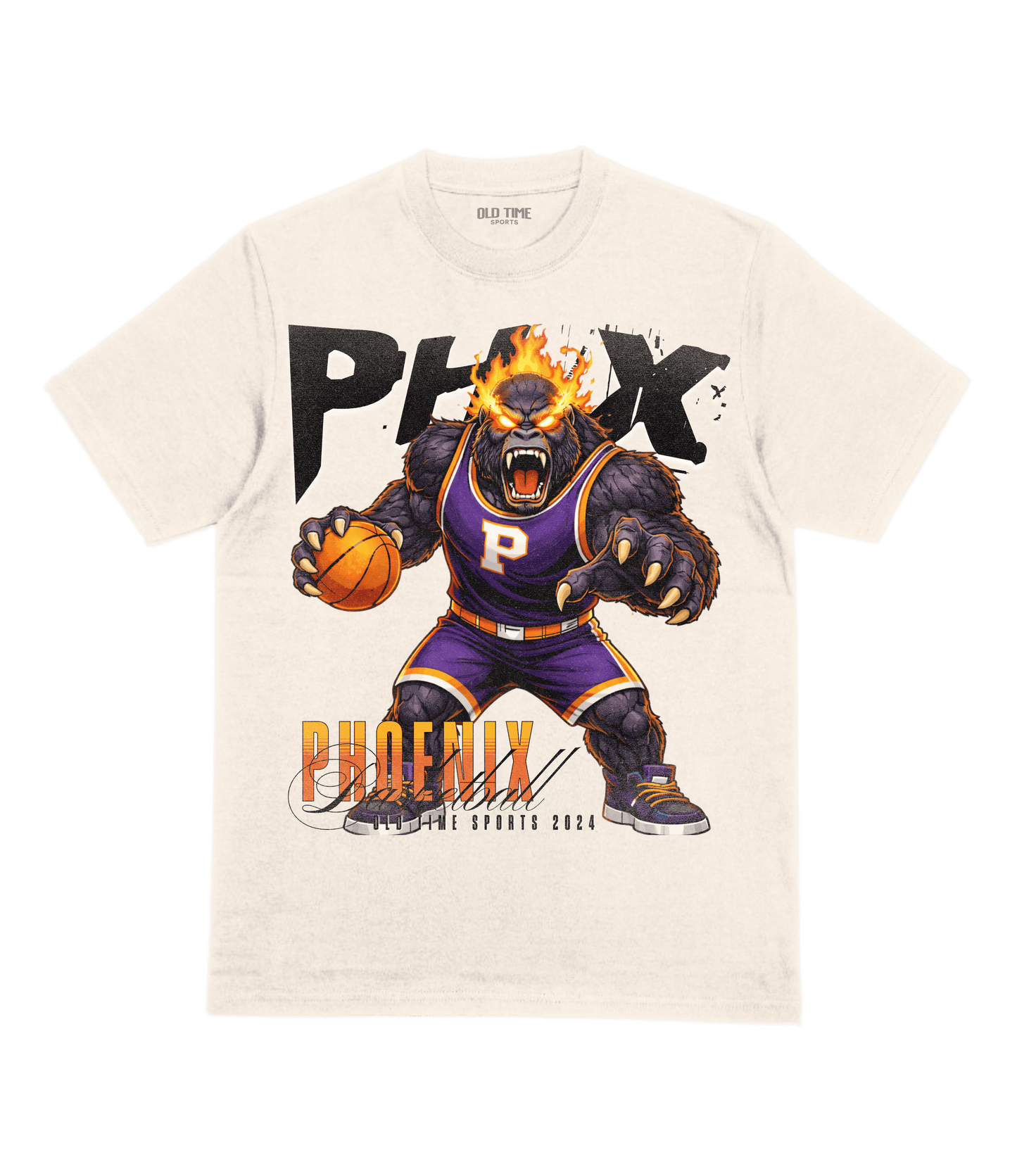 White t-shirt with a graphic of a phoenix basketball player holding a ball, on a green background.