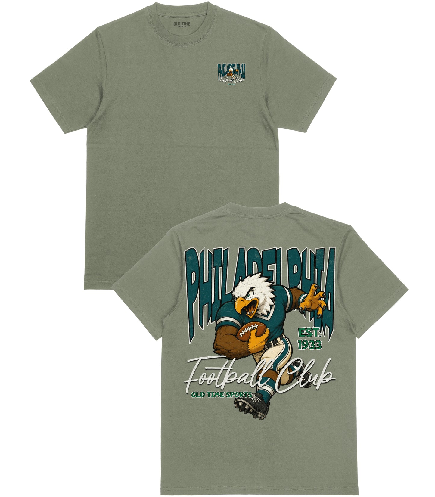 Green t-shirt with an eagle graphic and text on a white background