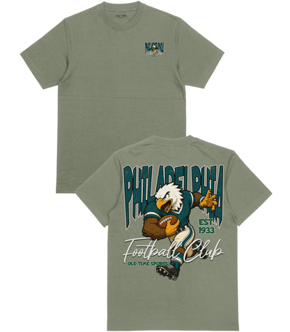 Green t-shirt with an eagle graphic and text on a white background