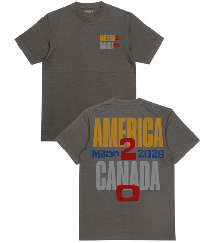 Gray t-shirt with 'America 2 Canada' text on a white background