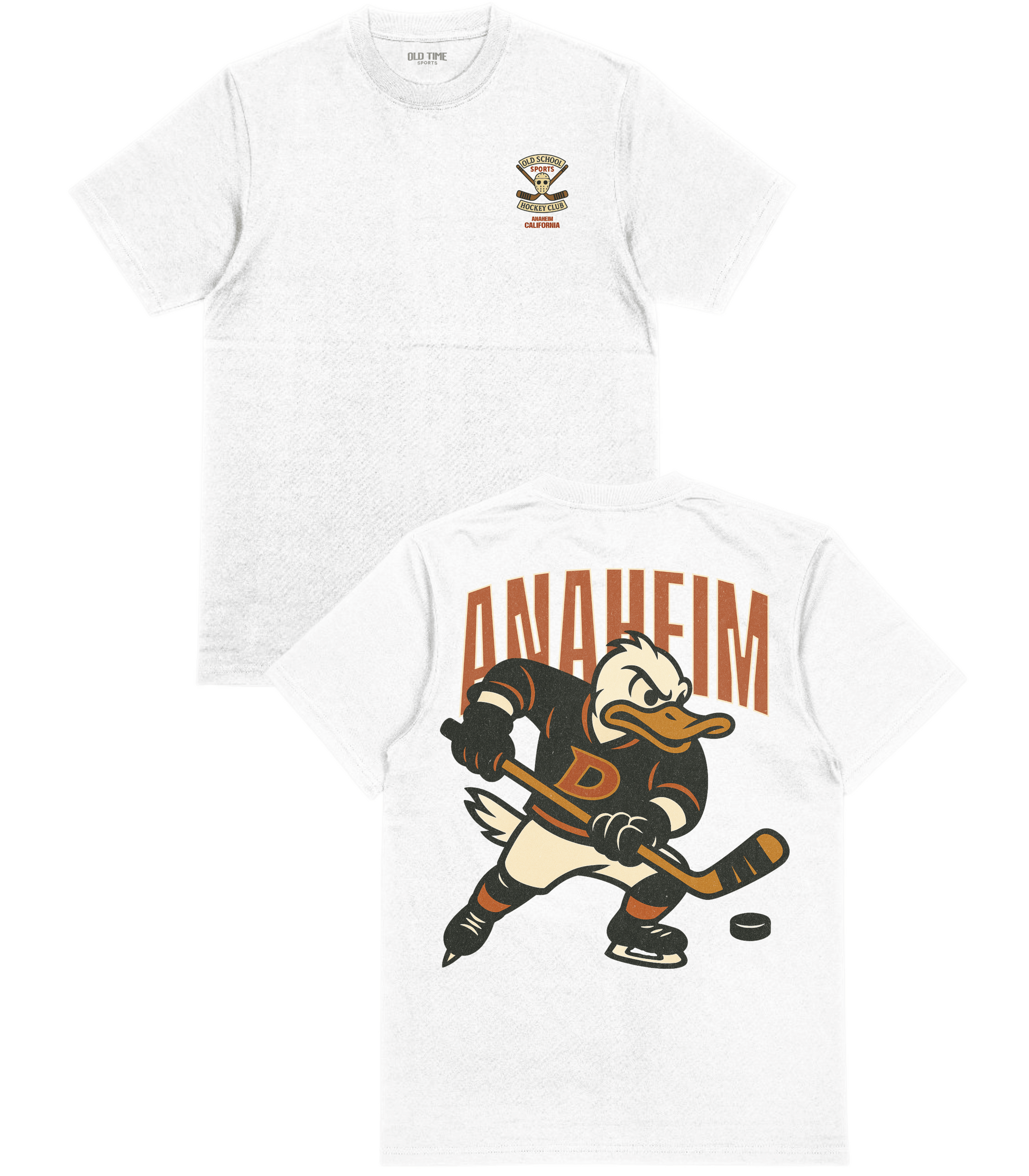 White t-shirt with Anaheim Ducks cartoon character design on a white background