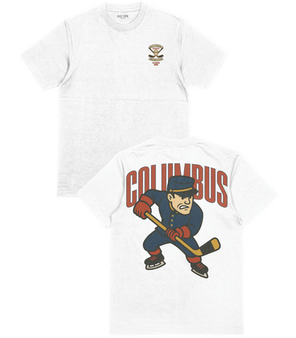 White t-shirt with a hockey player graphic and 'Columbus' text on a white background
