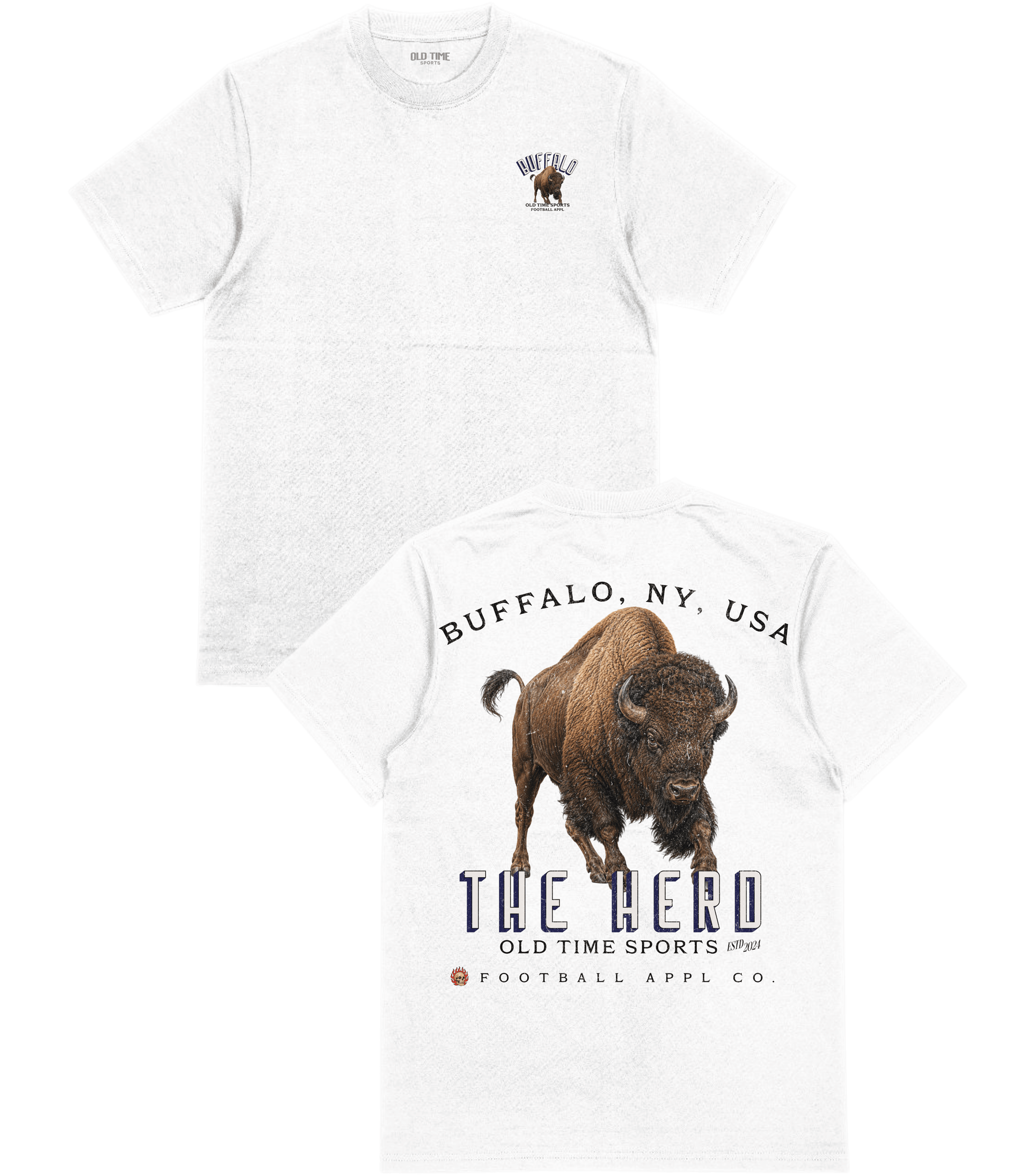 A white short-sleeve t-shirt shown from both the front and back. The front features a small Buffalo, NY, USA logo on the left chest with a bison graphic.