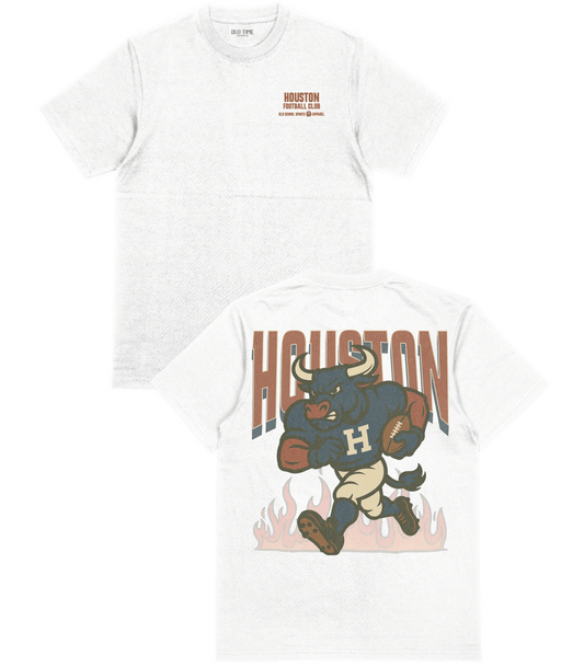 White t-shirt with 'Houston' graphic design on a white background