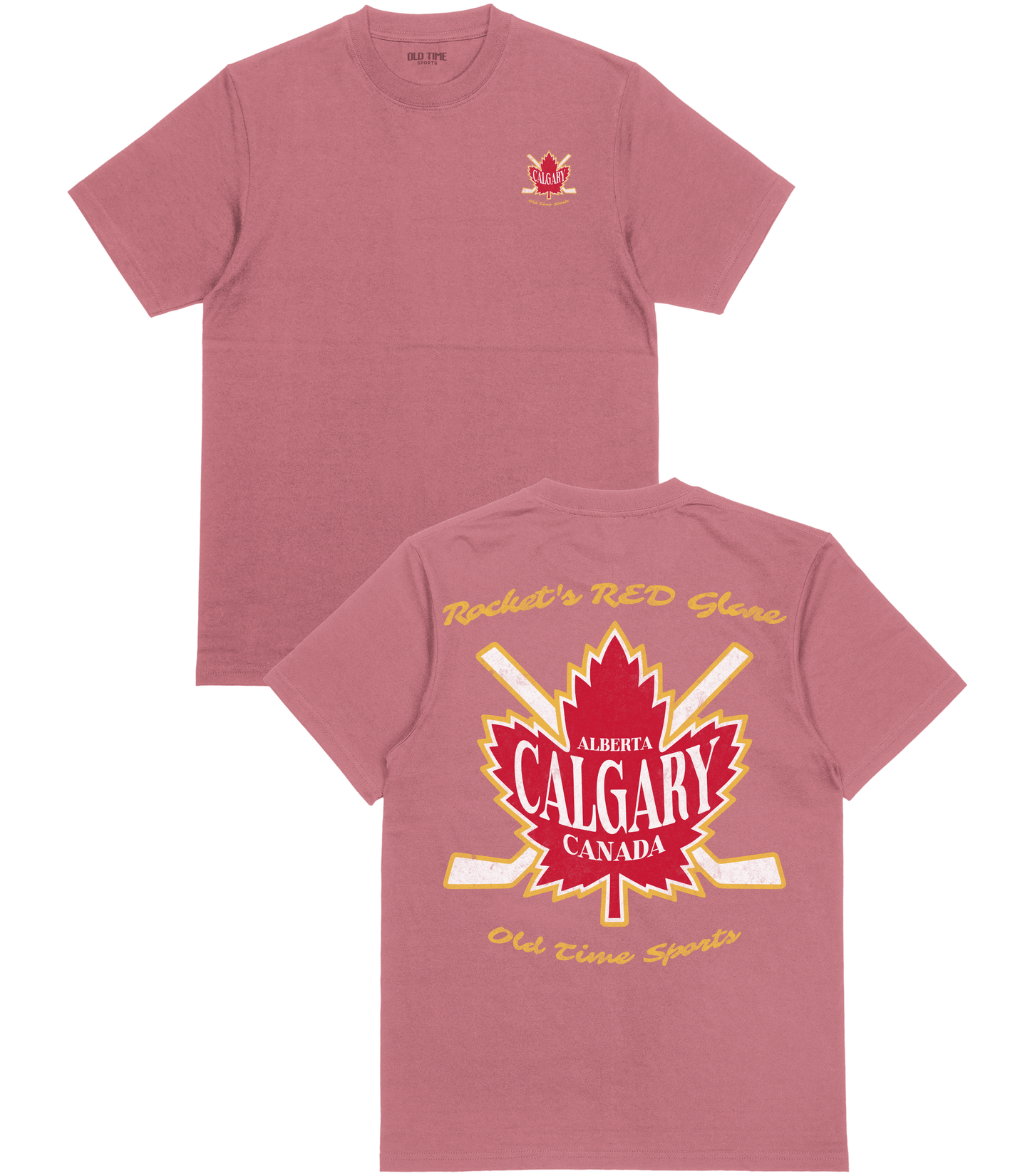 A heathered dusty rose short-sleeve t-shirt shown from both front and back. The front features a small red and gold Calgary map logo on the left chest.