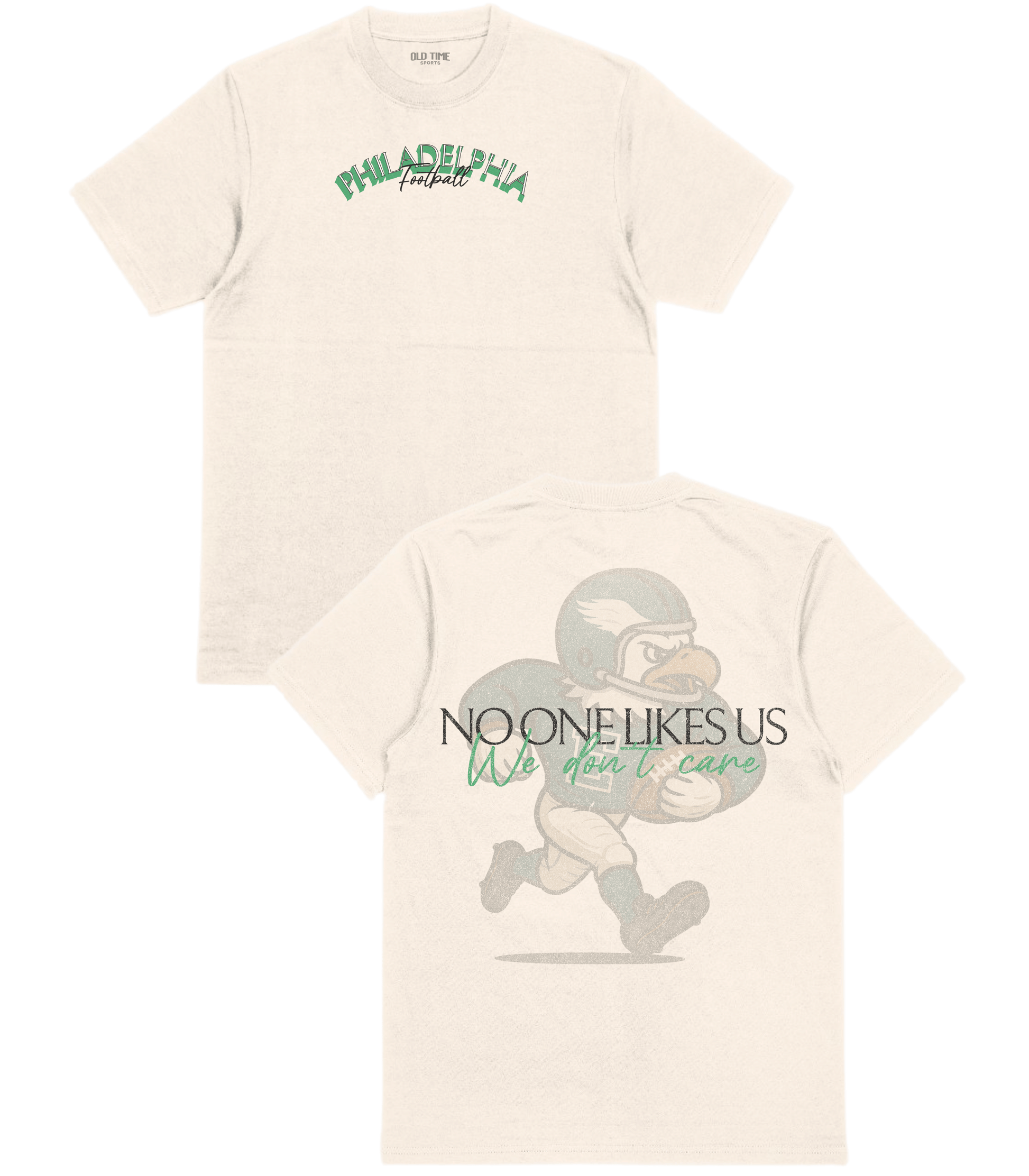 Two cream-colored t-shirts with sports-themed graphics and text on a white background.