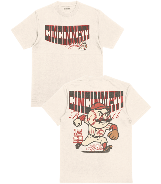 Two cream-colored t-shirts with Cincinnati-themed graphics on a white background