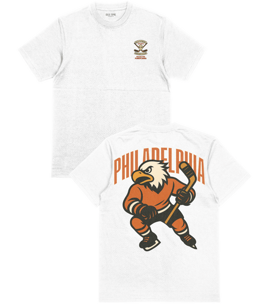 White t-shirt with Philadelphia-themed design featuring an eagle and hockey stick on a white background