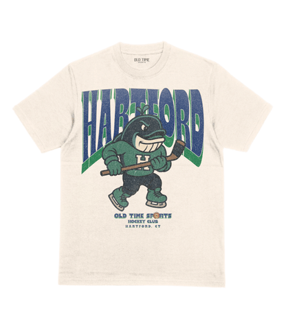 Beige t-shirt with cartoon character and 'Hartford' text on a white background