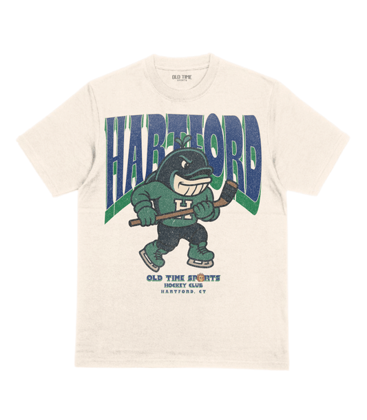 Beige t-shirt with cartoon character and 'Hartford' text on a white background