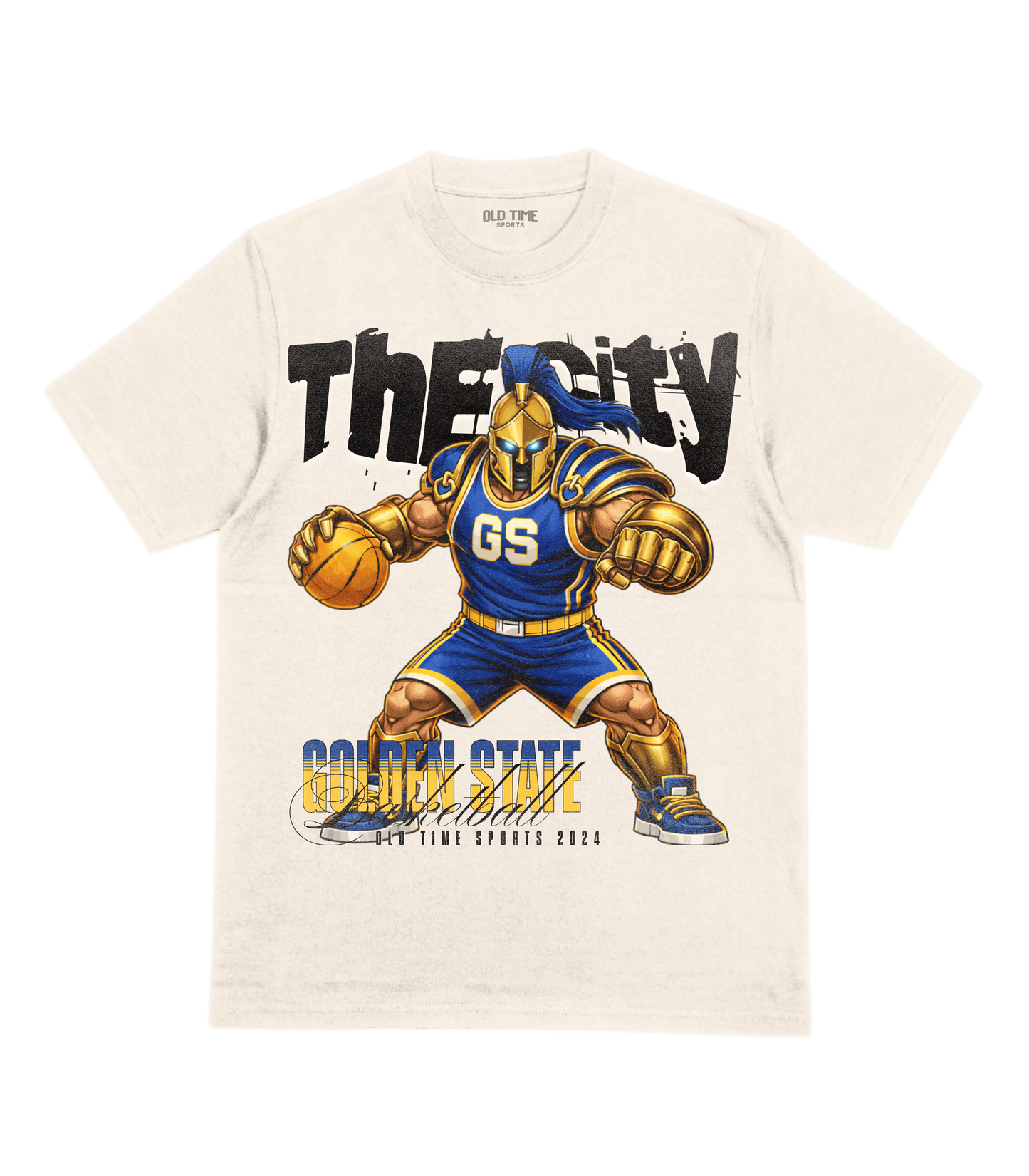 White t-shirt with a graphic of a basketball player and text 'The City Golden State' on a green background