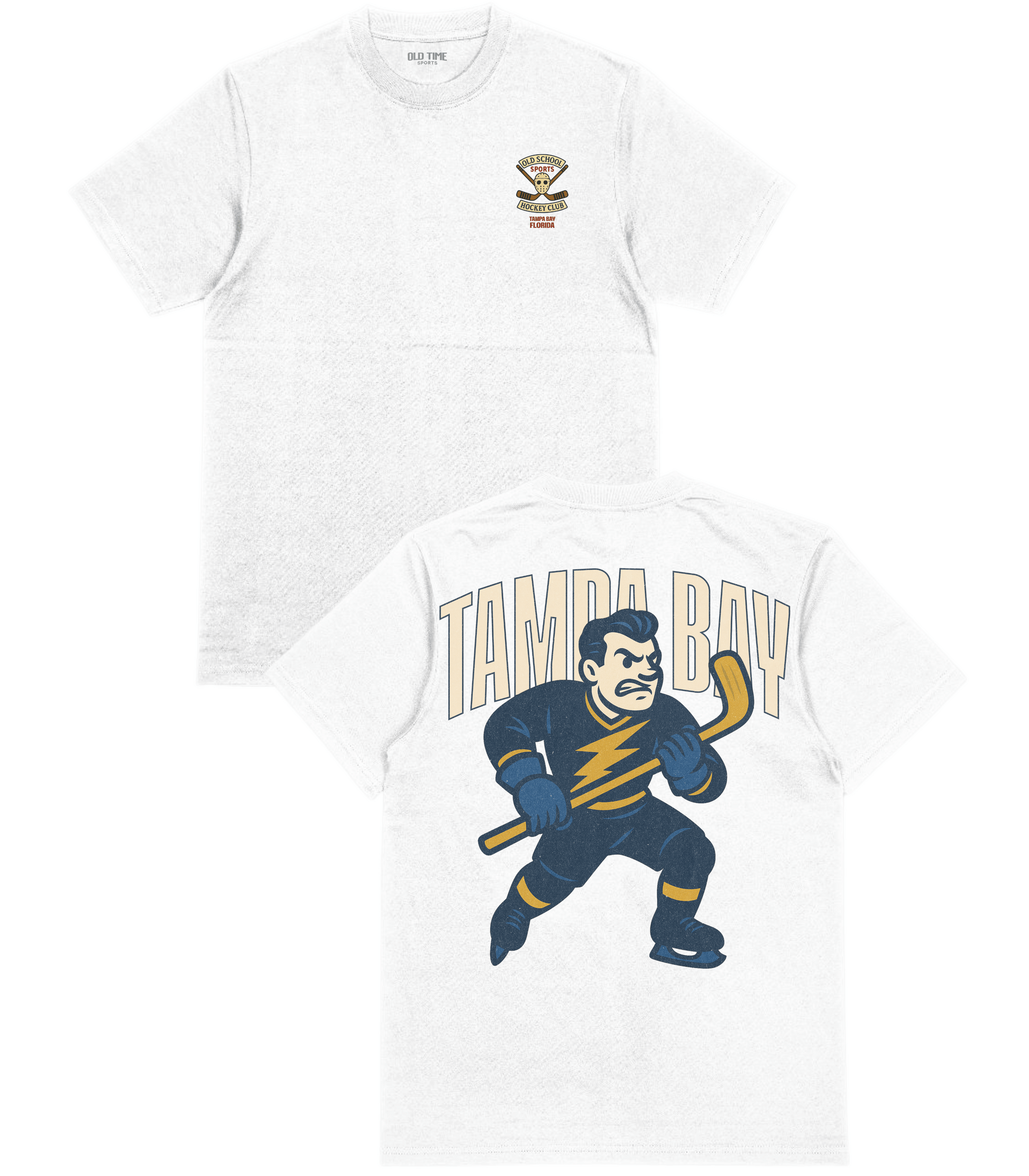 White t-shirt with 'Tampa Bay' hockey graphic and logo on a white background
