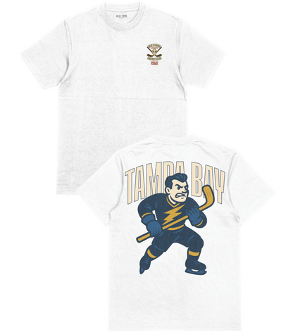 White t-shirt with 'Tampa Bay' hockey graphic and logo on a white background