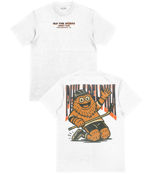 White t-shirt with a cartoon character holding a hockey stick on a white background