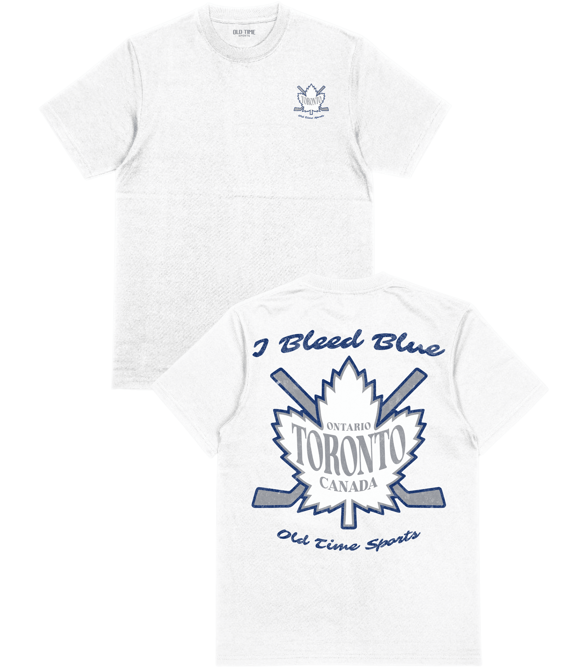 White short-sleeve T-shirt shown from both front and back. The front has a small blue crest-style logo on the left chest.