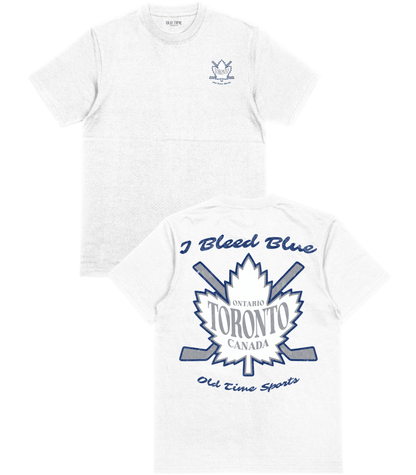 White short-sleeve T-shirt shown from both front and back. The front has a small blue crest-style logo on the left chest.
