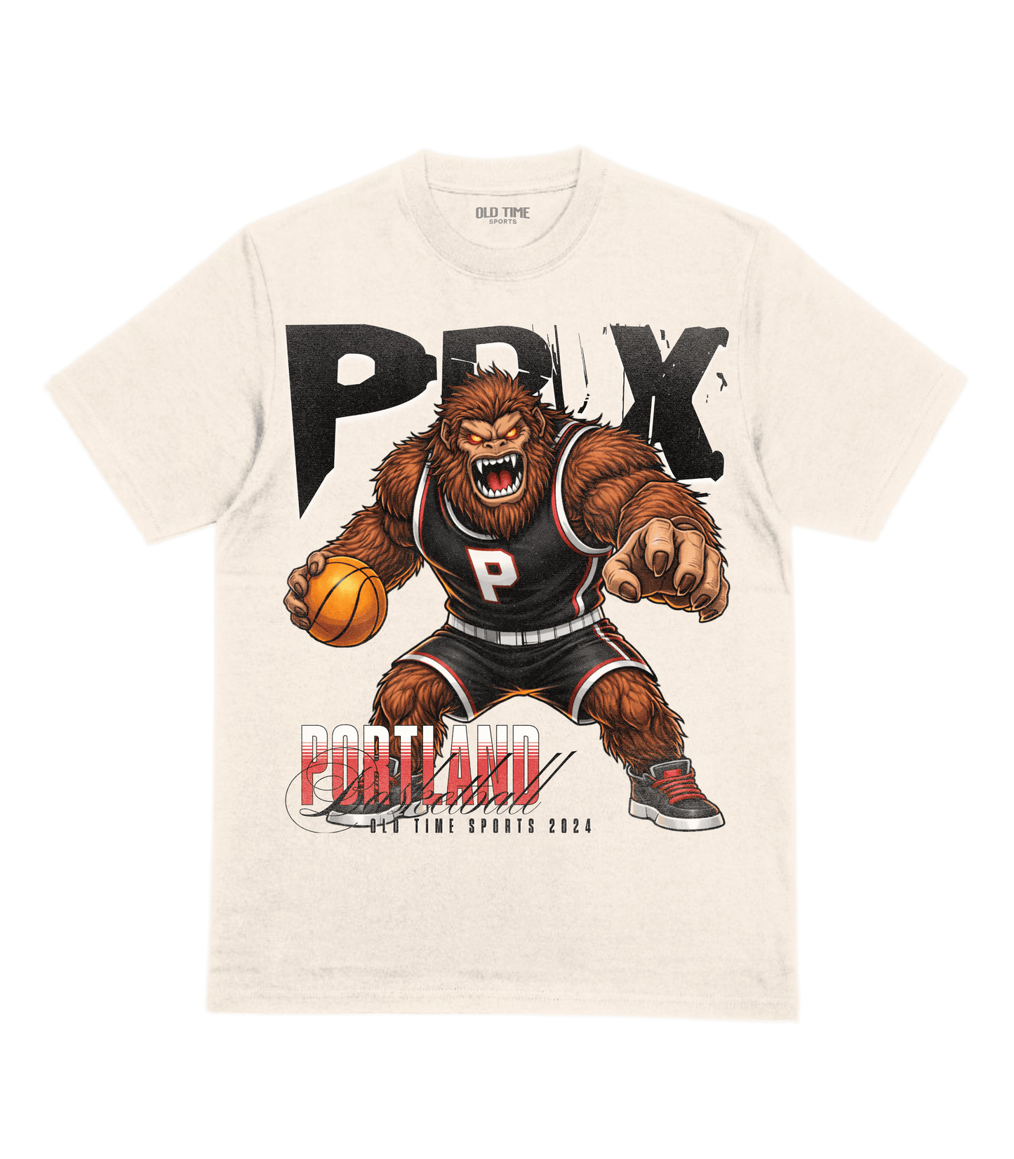 White t-shirt with a graphic of a bear holding a basketball and the word 'PRYX' on a green background