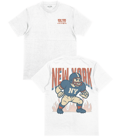White t-shirt with New York graphic design on a white background