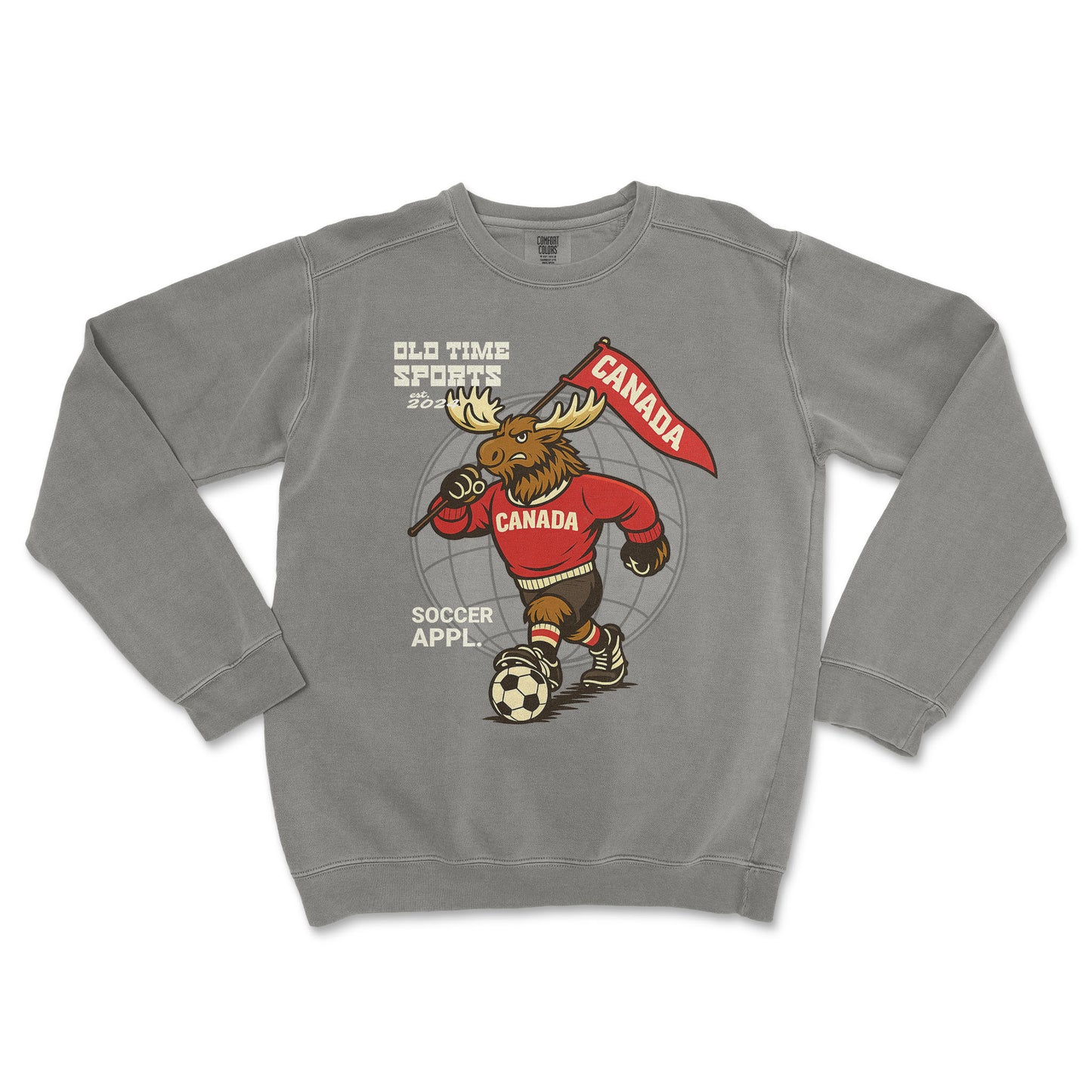 Gray sweatshirt with a moose playing soccer graphic and 'Old Time Sports' text on a white background