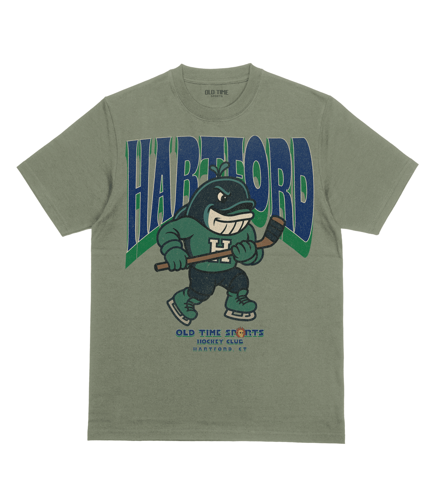 Green t-shirt with cartoon character and 'Hartford' text on a white background
