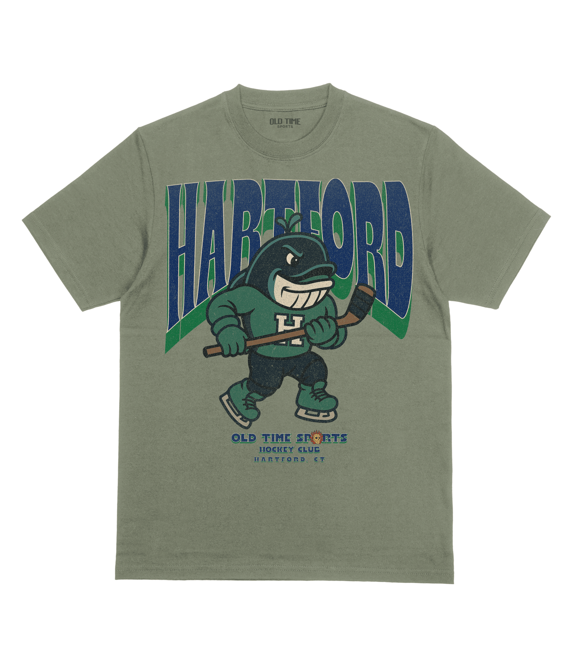Green t-shirt with cartoon character and 'Hartford' text on a white background
