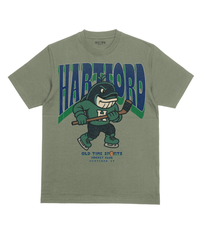 Green t-shirt with cartoon character and 'Hartford' text on a white background
