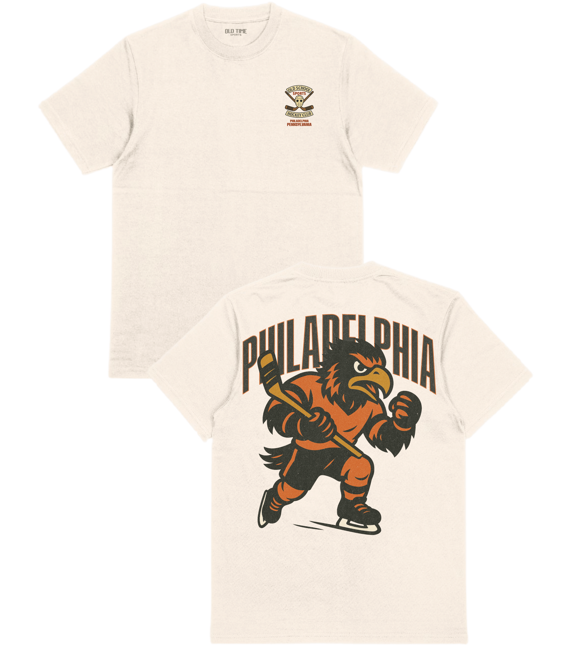 Beige t-shirt with a graphic of an eagle and 'Philadelphia' text on a white background