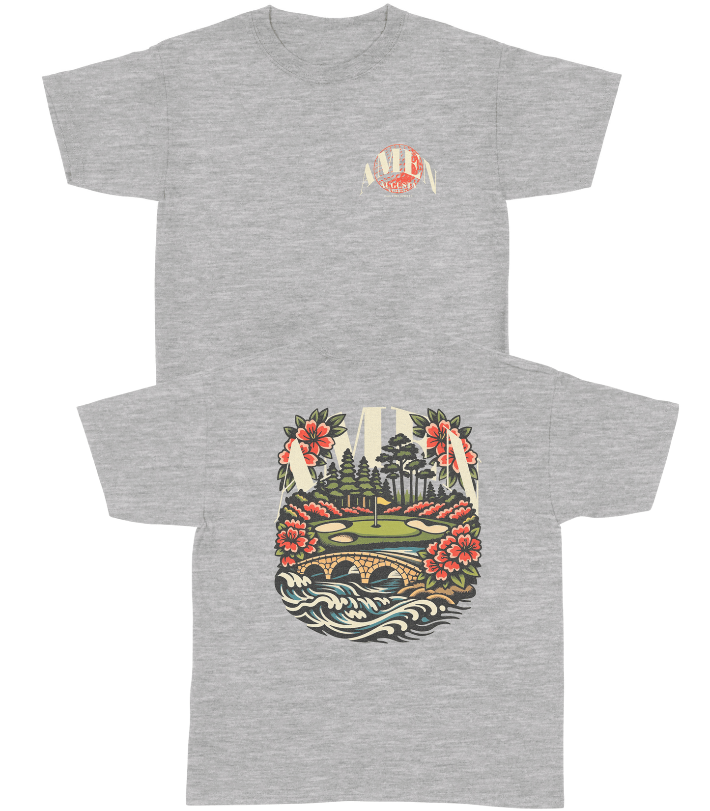 Gray t-shirt with a colorful nature graphic on a white background