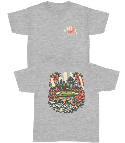 Gray t-shirt with a colorful nature graphic on a white background