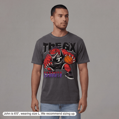 Man wearing a gray t-shirt with a graphic design on a gray background