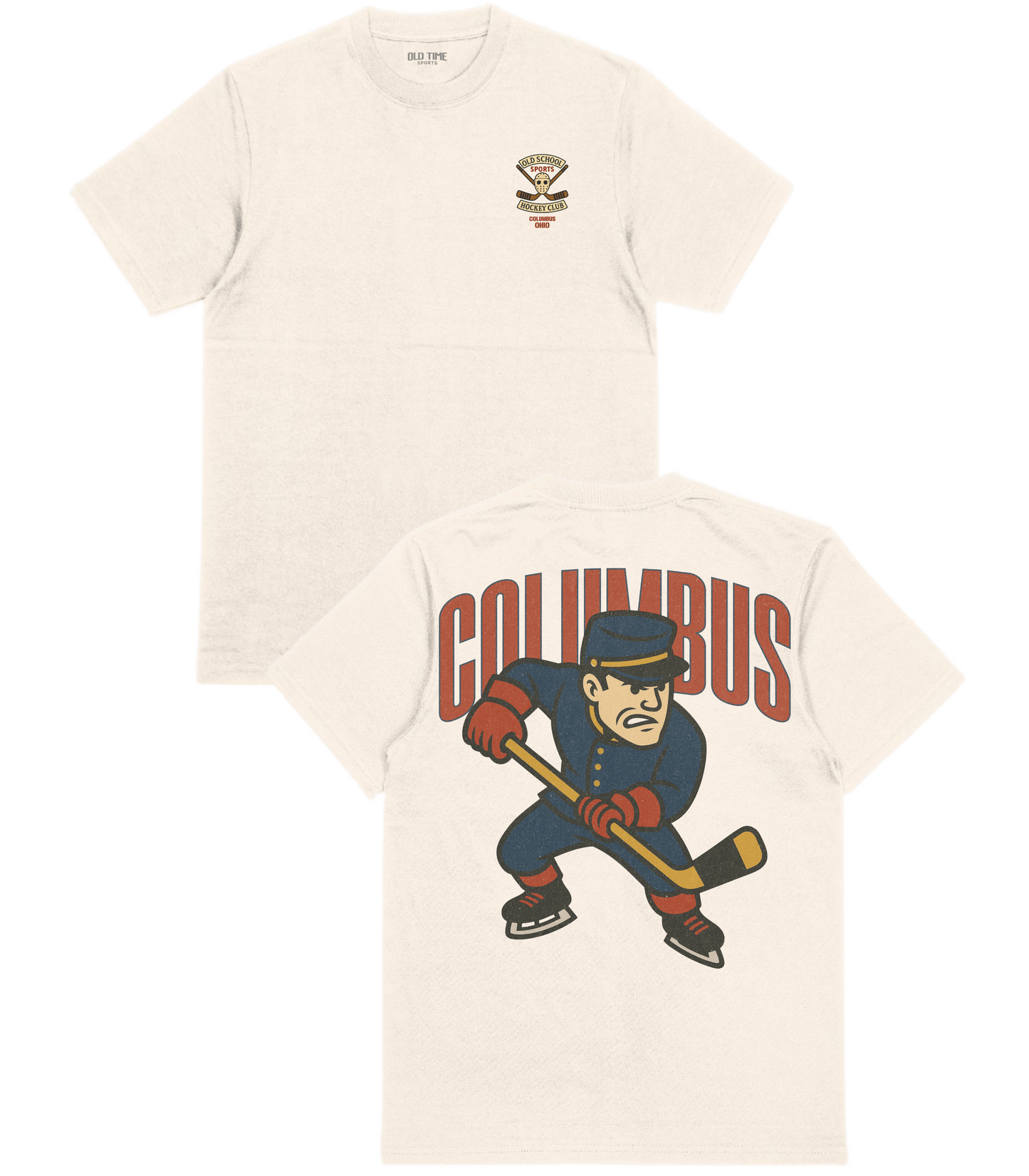 Beige t-shirt with 'Columbus' graphic design featuring a hockey player on a white background