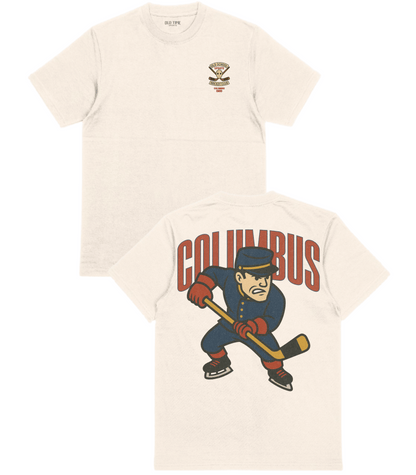 Beige t-shirt with 'Columbus' graphic design featuring a hockey player on a white background