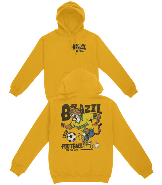 Yellow hoodie with 'Brazil Football' graphic design on a white background