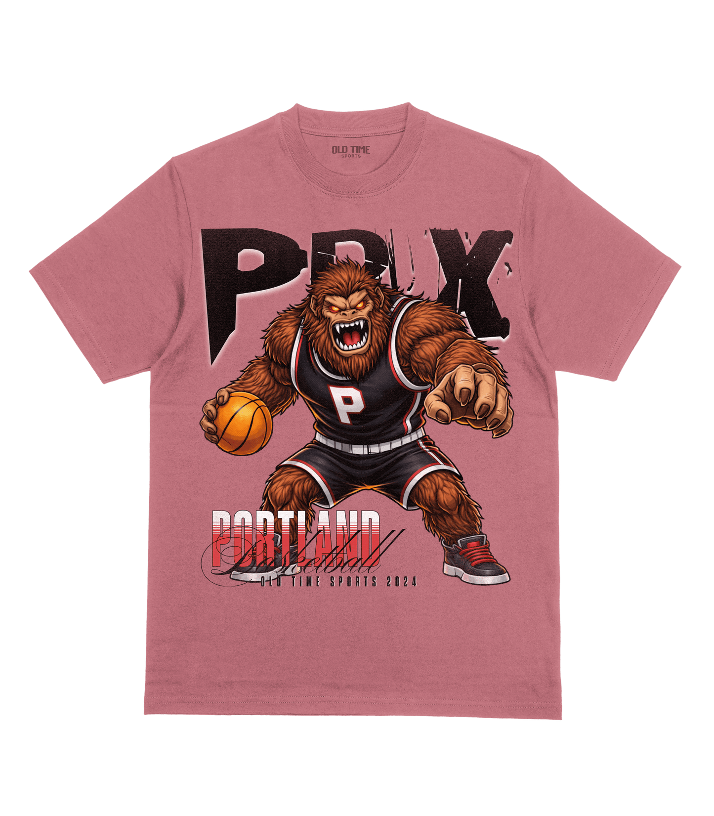 Pink t-shirt with a bear holding a basketball and 'Portland' text on a clear background