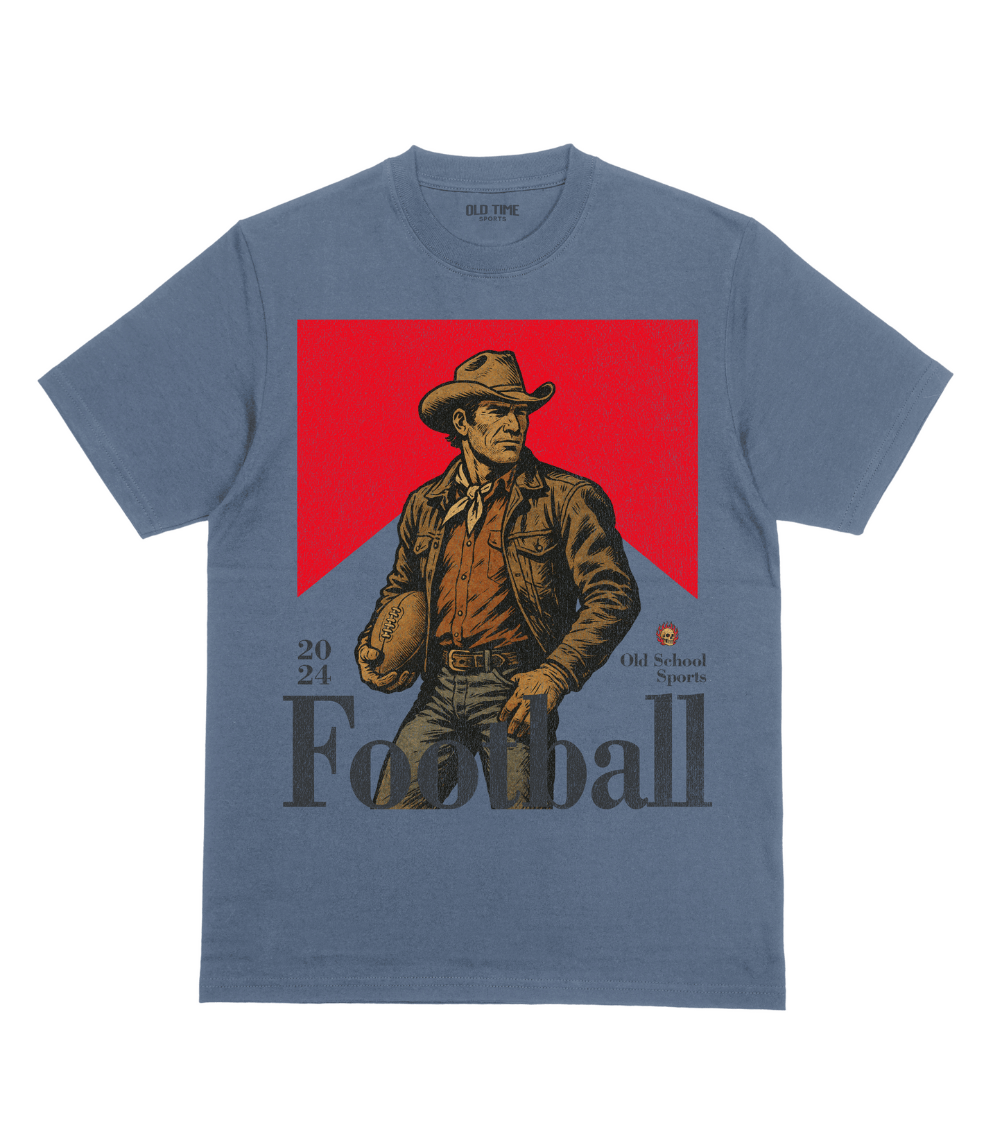Blue t-shirt with a graphic of a cowboy holding a football on a red background