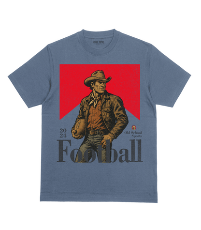 Blue t-shirt with a graphic of a cowboy holding a football on a red background