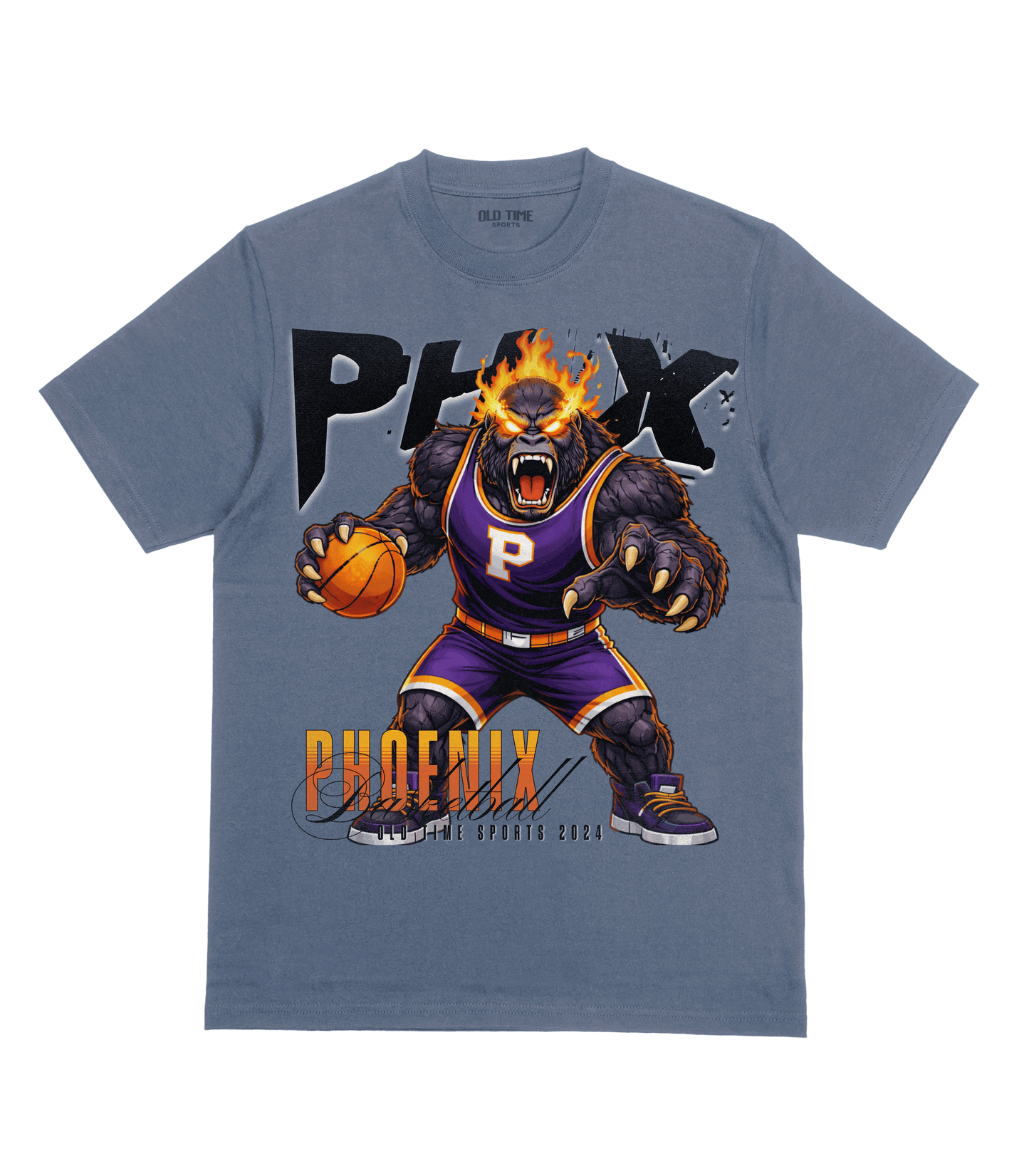 Blue t-shirt with a graphic of a bear in a basketball uniform and 'PHX' text on a clear background