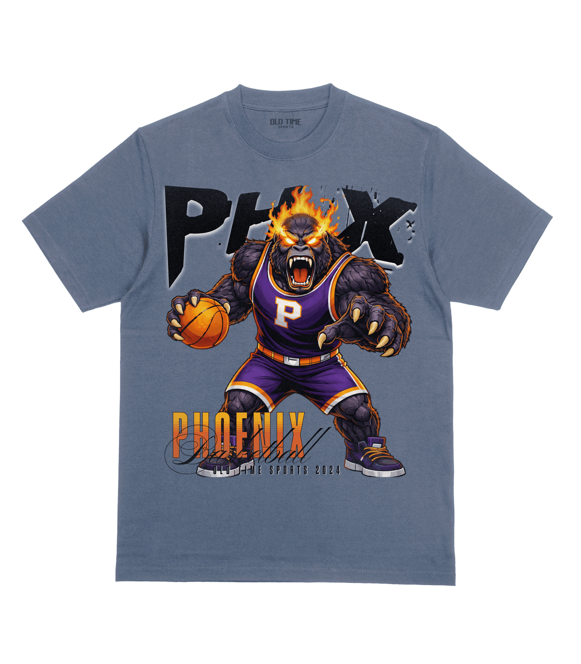Blue t-shirt with a graphic of a bear in a basketball uniform and 'PHX' text on a clear background