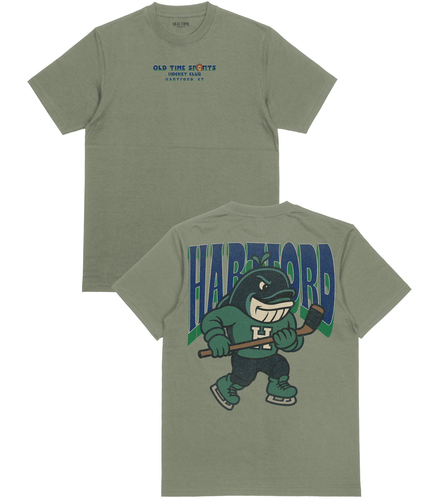 Green t-shirt with 'Old Time Sports' logo on front and cartoon character on back