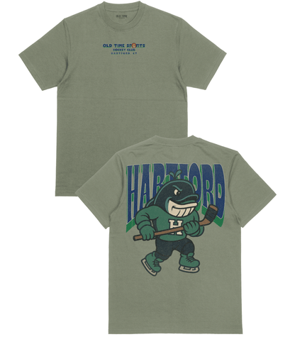 Green t-shirt with 'Old Time Sports' logo on front and cartoon character on back
