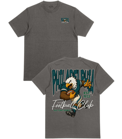 Gray t-shirt with football-themed design featuring an eagle and text on a white background