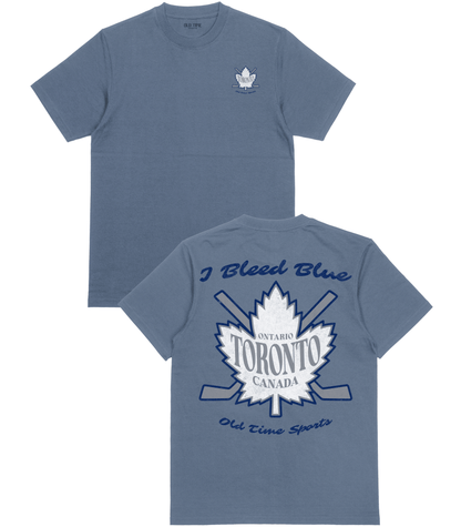 A blue short-sleeve t-shirt shown from both front and back. The front features a small white embroidered Toronto Maple Leaf logo on the left chest.