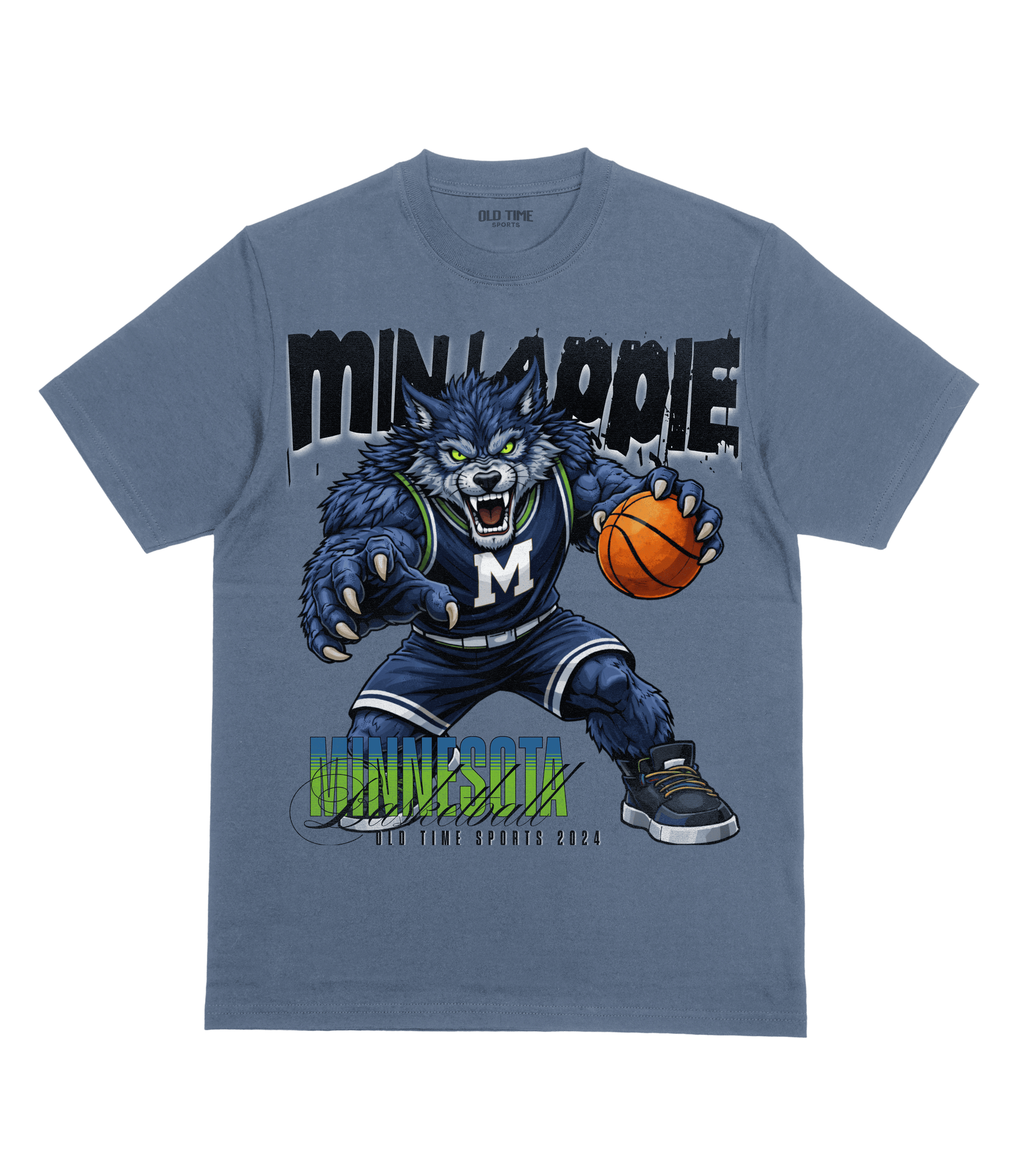 Blue t-shirt with a graphic of a wolf holding a basketball and 'MINNAPPIE' text on a clear background