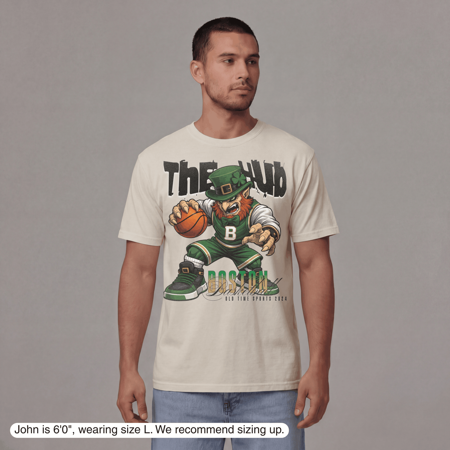 Man wearing a t-shirt with a graphic design of a leprechaun holding a basketball.