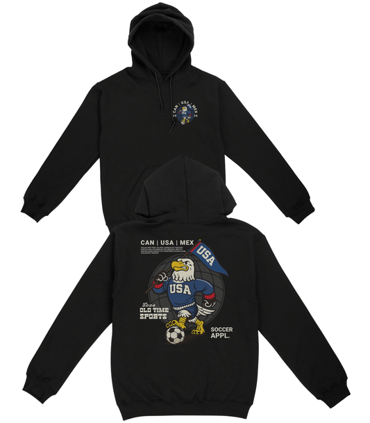 Black hoodie with USA hockey design on front and back on a white background