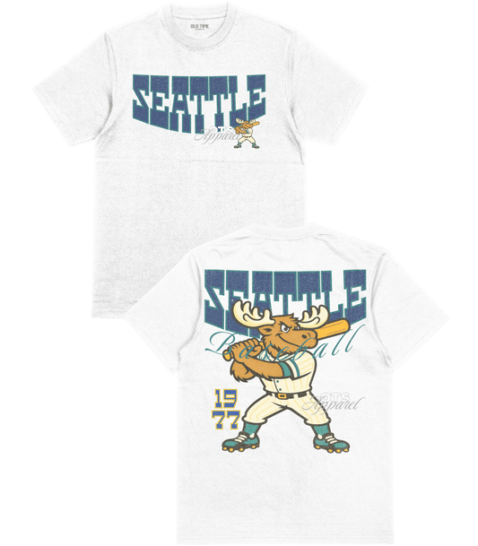 White t-shirt with 'Seattle' graphic design featuring a moose and year on a white background