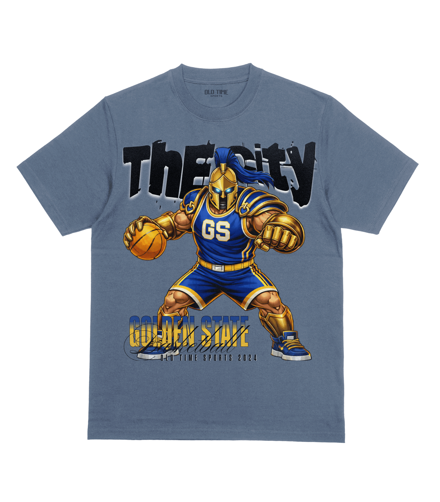 Blue t-shirt with a graphic of a basketball player and 'The City Golden State' text on a transparent background