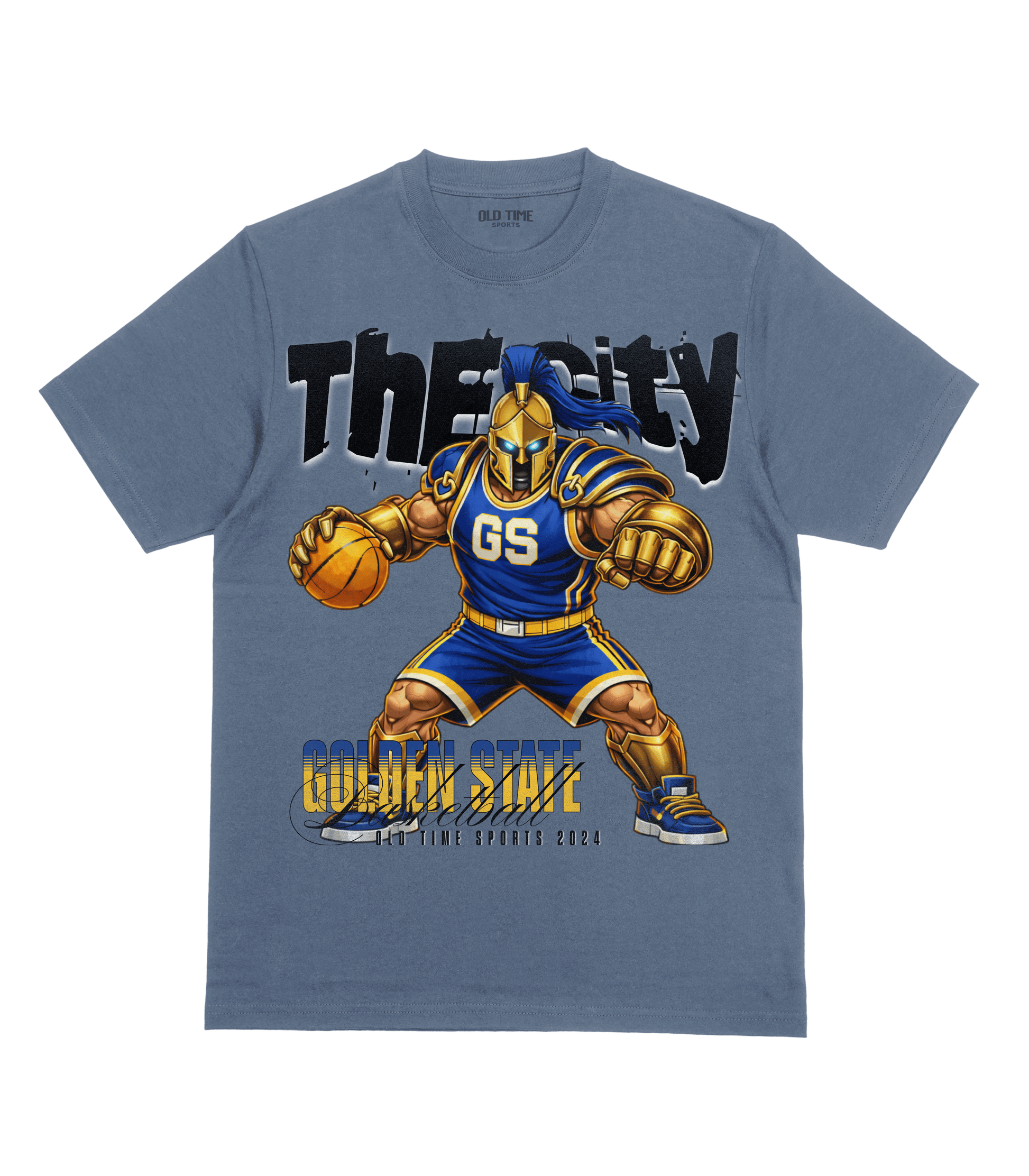 Blue t-shirt with a graphic of a basketball player and 'The City Golden State' text on a transparent background
