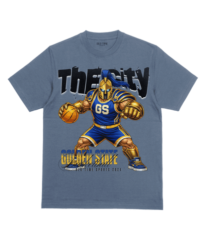 Blue t-shirt with a graphic of a basketball player and 'The City Golden State' text on a transparent background
